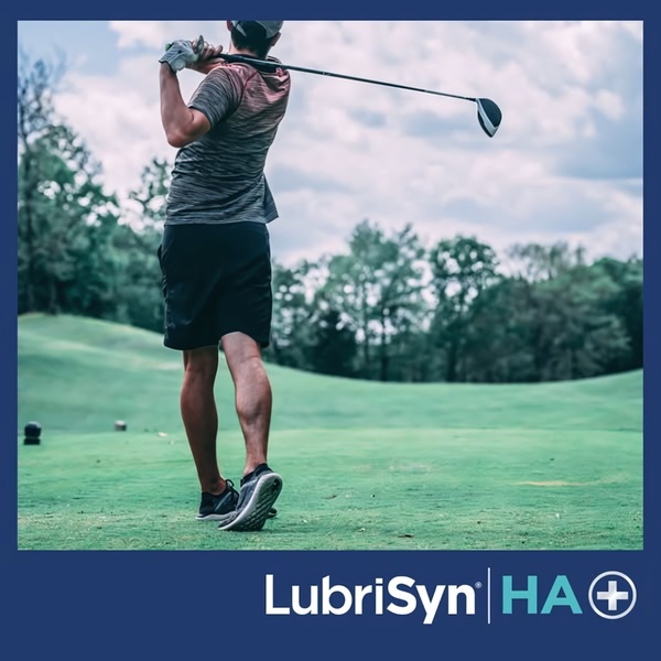 A high-quality 1:1 image featuring a golfer mid-swing on a green, emphasizing active lifestyle outcomes associated with joint health products.